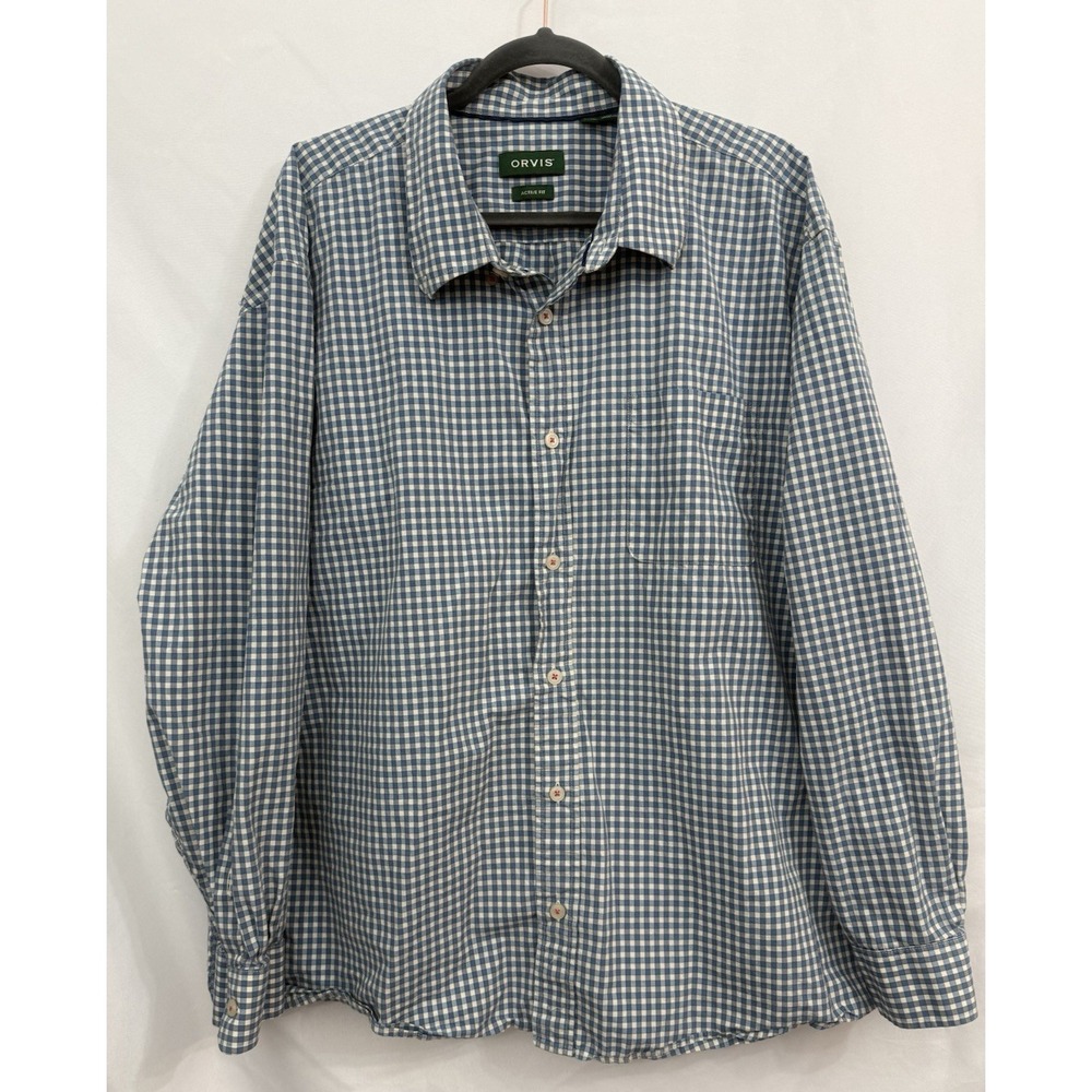 Orvis Active Fit Long Sleeve Blue Gingham Button Down Shirt Mens Size XXL Cotton